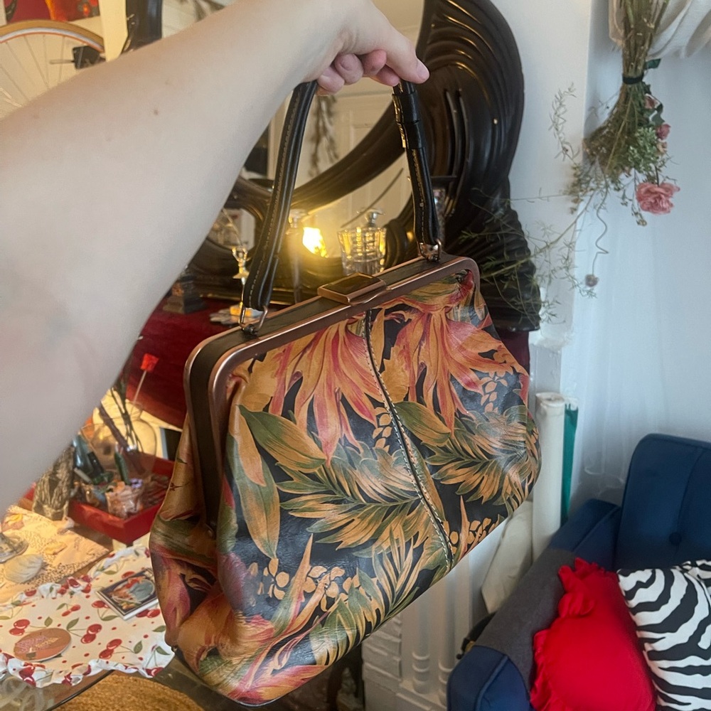 Patricia Nash Brown and Green Shoulder Bag with Botanical Design